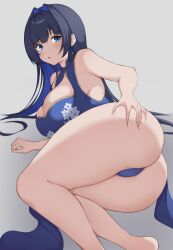  ass ass_focus ass_grab blue_eyes blue_hair blush breasts china_dress chinese_clothes dress grabbing_own_ass highres holocouncil hololive hololive_english large_breasts long_hair looking_at_viewer lying on_side open_mouth ouro_kronii sideboob virtual_youtuber zeropen 