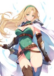 1girl arm_guards armor belt blonde_hair boots breasts brown_belt brown_footwear brown_gloves cape cleavage closed_mouth commentary_request covered_navel cowboy_shot earrings elbow_gloves gloves gluteal_fold green_eyes green_hairband green_leotard hairband highleg highleg_leotard jewelry kirishima_satoshi large_breasts legs_together leotard long_hair looking_at_viewer original paid_reward_available pauldrons sheath sheathed shoulder_armor smile solo standing sword thigh_boots thumbs_up underbust very_long_hair weapon white_cape 