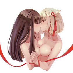  2girls asymmetrical_docking blonde_hair breast_press breasts brown_hair cleavage closed_eyes collarbone commentary_request cropped_torso face-to-face facing_another from_side hair_between_eyes hair_ribbon hand_on_another&#039;s_chin hand_up hands_up highres holding_hands inoue_takina interlocked_fingers kiss long_hair looking_at_another lycoris_recoil medium_breasts multiple_girls nishikigi_chisato nude one_side_up profile red_eyes red_ribbon ribbon short_hair sidelocks simple_background small_breasts tonht upper_body white_background yuri  rating:Questionable score:98 user:danbooru