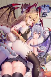  2girls 2others absurdres argente_purest_silver_(shadowverse) ass back bare_shoulders blonde_hair blush breasts chibi collar detached_collar digifriend draconir_(shadowverse_flame) dragon_girl dragon_horns dragon_tail dragon_wings feet_out_of_frame forte_(shingeki_no_bahamut) from_behind grey_hair hair_between_eyes highres horns long_hair looking_at_another looking_at_viewer looking_back lumiore_prestigious_gold_(shadowverse) lying medium_breasts miniskirt monster_girl multicolored_hair multiple_girls multiple_horns multiple_others on_bed one_eye_closed open_mouth pantyhose pleated_skirt pointy_ears presenting purple_eyes red_hair scales shadowverse shelf shingeki_no_bahamut shirt siblings sisters skirt smile spread_legs tail take_your_pick thick_thighs thighs watchdog_rol_(y1104280730) white_shirt whitefrost_dragonewt_filene wings yellow_eyes  rating:Sensitive score:18 user:danbooru
