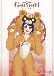  1girl :d absurdres animal_ears animal_hood bear_ears bear_hood blue_hair cosplay costume fangs genshin_impact guoba_(genshin_impact) guoba_(genshin_impact)_(cosplay) highres hood hoodie looking_at_viewer open_mouth short_hair smile solo standing thick_eyebrows xiangling_(genshin_impact) yellow_eyes  rating:Sensitive score:7 user:Biito