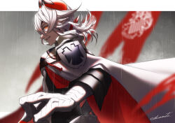 1boy animal_hands armor artist_name banner borrowed_character cape claws dragon_horns fangs grey_background grey_scales grin hand_up horns looking_at_viewer low_ponytail male_focus medium_hair monster_boy nekomiti orange_eyes outdoors overcast pixiv_fantasia pixiv_fantasia_mountain_of_heaven pointy_ears rain red_cape red_horns scales signature simple_background sky slit_pupils smile solo two-sided_cape two-sided_fabric upper_body white_cape white_hair