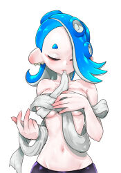  1girl 3: alternate_breast_size bare_shoulders blue_hair breasts chest_sarashi closed_eyes closed_mouth collarbone earrings eyeliner groin highres jewelry koharu2.5 long_hair makeup medium_breasts mouth_hold multiple_earrings navel nintendo octoling red_eyeliner sarashi shiver_(splatoon) short_eyebrows simple_background solo splatoon_(series) splatoon_3 suction_cups tentacle_hair tooth_earrings white_background 
