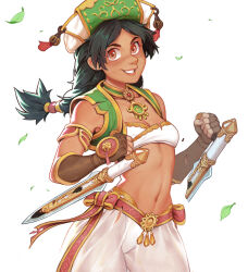  1girl bandeau bare_shoulders black_hair bladed_tonfa braid breasts brown_eyes commentary commission dark-skinned_female dark_skin dual_wielding effy_neprin english_commentary gloves harem_pants hat highres holding jewelry midriff navel necklace panties pants see-through small_breasts solo soul_calibur soulcalibur soulcalibur_iv strapless talim tonfa tube_top twin_braids twintails underwear vest weapon white_panties 