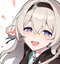  1girl :d absurdres black_hairband blue_pupils blush clenched_hand commentary english_commentary firefly_(honkai:_star_rail) floating_hair gradient_eyes grey_hair hair_between_eyes hair_intakes hairband half-closed_eyes highres honkai:_star_rail honkai_(series) incoming_attack incoming_punch long_hair looking_at_viewer multicolored_eyes open_mouth punching purple_eyes red_eyes smile solo upper_body wellsy white_background  rating:General score:6 user:danbooru