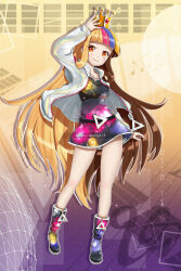  1girl absurdres adjusting_clothes adjusting_headwear artist_name belt blonde_hair blue_hair blunt_bangs boots brown_hair closed_mouth collarbone crown dress galaco galaco_(prize) gold_crown gradient_background heart heart-shaped_pupils highres jacket long_hair looking_to_the_side open_clothes open_jacket orange_eyes outline pink_hair print_dress print_footwear purple_background qrullgx13 sidelocks smile solo star_(symbol) starry_background symbol-shaped_pupils very_long_hair vocaloid watermark white_jacket white_outline yellow_background 