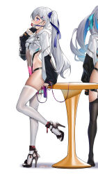  2girls absurdres anal anal_object_insertion bad_id bad_pixiv_id ball_gag blue_eyes breasts bronya_zaychik bronya_zaychik_(herrscher_of_truth) covered_navel full_body gag gag_under_mask gagged grey_hair heart heart-shaped_pupils high_heels highleg highres honkai_(series) honkai_impact_3rd long_hair long_legs mask mouth_mask multiple_girls object_insertion pubic_tattoo pussy_juice sandals side_ponytail skindentation small_breasts solo_focus standing standing_on_one_leg symbol-shaped_pupils tattoo theresa_apocalypse thighhighs vaginal vaginal_object_insertion white_thighhighs wiffle_gag yiduan_zhu  rating:Explicit score:48 user:danbooru