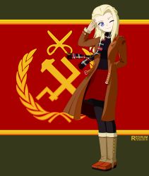  10s 1girl 2016 ;) absurdres arms_behind_back artist_name black_pantyhose black_shirt blonde_hair blue_eyes boots brown_coat clara_(girls_und_panzer) coat dated emblem flag_background full_body girls_und_panzer head_tilt highres long_hair long_sleeves looking_at_viewer one_eye_closed open_clothes open_coat pantyhose plaid plaid_scarf pravda_(emblem) red_skirt redrum_(haghighiaria25) salute scarf shirt skirt smile solo standing stirrup_legwear toeless_legwear 