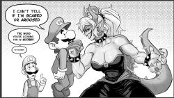  1girl 1koma 2boys arm_at_side bare_arms bare_shoulders bowsette bracelet breasts brothers cleavage collar collar_grab collarbone comic commentary crown dress earrings english_commentary english_text evil_grin evil_smile facial_hair fingernails gloves greyscale grin hand_up hat height_difference high_ponytail horns index_finger_raised jewelry large_breasts lifting_person long_hair long_sleeves looking_at_another luigi mario mario_(series) mcnostril monochrome multiple_boys muscular muscular_female mustache new_super_mario_bros._u_deluxe nintendo open_mouth overalls pointy_ears ponytail sharp_fingernails sharp_teeth shoes siblings sidelocks smile speech_bubble spiked_bracelet spiked_collar spiked_shell spiked_tail spikes strapless strapless_dress super_crown sweater tail teeth turtle_shell upper_body v-shaped_eyebrows  rating:Sensitive score:35 user:danbooru