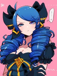 1girl angry blue_eyes blue_hair drill_hair gloves gwen_(league_of_legends) highres league_of_legends long_hair matching_hair/eyes ribbon rating:Questionable score:12 user:twilight_jester