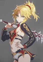  1girl alternate_costume alternate_weapon belt blonde_hair braid braided_ponytail breasts cleavage_cutout clothing_cutout club club_(weapon) commentary cowboy_shot detached_sleeves english_commentary fate/grand_order fate_(series) green_eyes grey_background hand_on_own_hip highres index_finger_raised long_sleeves midriff mordred_(fate) mordred_(fate/apocrypha) navel over_shoulder revision short_shorts shorts sideboob small_breasts smile solo spiked_club toned tonee weapon weapon_over_shoulder  rating:Sensitive score:45 user:danbooru
