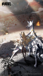  1girl artist_request blonde_hair brick_wall brown_pantyhose castle commentary cropped crown_(nikke) day dress english_commentary fire goddess_of_victory:_nikke gun highres holding holding_gun holding_weapon horse long_hair long_sleeves machine_gun non-humanoid_robot official_art outdoors pantyhose rapture_(nikke) robot robot_animal second-party_source snow standing trombe_(nikke) watermark weapon white_dress 