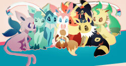 animal_focus blue_eyes blue_sclera bow bright_pupils brown_eyes brown_sclera closed_mouth colored_sclera creatures_(company) eevee espeon evolutionary_line flareon frown game_freak gen_1_pokemon gen_2_pokemon gen_4_pokemon gen_6_pokemon glaceon jolteon leafeon markings musicwitme nintendo pokemon pokemon_(creature) purple_eyes purple_sclera red_eyes red_sclera ribbon sidelocks sitting smile sylveon umbreon vaporeon white_pupils