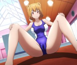 1girl breasts cameltoe cleft_of_venus competition_swimsuit female_focus highres indoors kushiya_inaho maken-ki! one-piece_swimsuit orange_hair red_eyes screencap sitting smile solo spread_legs stitched swimsuit takami_akio third-party_edit rating:Questionable score:62 user:arutos
