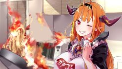 1girl ahoge apron black_hairband black_jacket blonde_hair blunt_bangs blurry blurry_background bow breasts breath_weapon breathing_fire brooch collared_shirt commentary_request cooking diagonal-striped_bow dragon_girl dragon_horns fire flambe flipping_food food frilled_apron frills frying_pan gem grin hairband hand_up highres hololive horn_bow horn_ornament horns indoors jacket jewelry kiryu_coco kiryu_coco_(1st_costume) kitchen large_breasts light_blush long_hair looking_at_viewer microwave multicolored_eyes multicolored_hair one_eye_closed orange_hair pasta pointy_ears print_apron purple_eyes red_eyes shirt sidelocks slit_pupils smile solo streaked_hair striped striped_bow tongs virtual_youtuber white_apron white_shirt yuyaiyaui