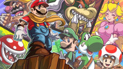 1girl 4boys blonde_hair blue_eyes bowser breasts brooch brown_hair captain_toad carrying_bag claws crown dress earrings evil_grin evil_smile facial_hair fat fat_man gloves grin hat horns jewelry long_hair luigi mario mario_(series) medium_breasts multiple_boys mustache nintendo overalls pink_dress piranha_plant princess_peach red_eyes red_hair sano_br scarf smile wario yoshi