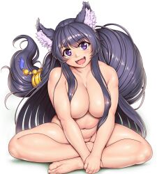  1girl alternate_breast_size animal_ear_fluff animal_ears blush breasts cleavage collarbone commentary_request completely_nude delta_(kage_no_jitsuryokusha_ni_naritakute!) full_body hair_between_eyes hair_over_breasts hands_on_own_leg head_tilt highres kage_no_jitsuryokusha_ni_naritakute! large_breasts long_hair looking_at_viewer low-tied_long_hair navel nude open_mouth orizen own_hands_together plump purple_eyes purple_hair shadow simple_background sitting smile solo tail white_background wolf_ears wolf_girl wolf_tail 