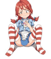  1girl animification bow braid commentary commission cup dress drinking_straw english_commentary female_focus food freckles highres holding holding_cup loli ludo0109 milkshake puffy_sleeves red_hair short_sleeves simple_background sitting solo spread_legs striped_clothes striped_dress striped_thighhighs thighhighs twin_braids twintails vertical_stripes wendy&#039;s wendy_(wendy&#039;s) white_background yellow_eyes  rating:Sensitive score:318 user:danbooru