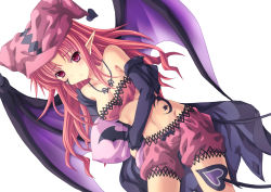 1girl absurdres bare_shoulders bloomers blush bra breasts detached_sleeves duel_monster ghostrick_socuteboss hat highres long_hair looking_at_viewer pillow pink_bloomers pink_bra pink_hat pointy_ears red_hair solo tail takayuuki underwear wings yu-gi-oh!