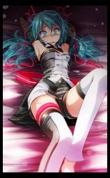 1girl absurdres armpits arms_behind_head arms_up bare_shoulders bdsm bed_sheet black_border blue_eyes blue_hair blush bondage border bound bound_arms breasts buttons cable detached_collar detached_sleeves double-breasted foreshortening hatsune_miku highres index_finger_raised knee_up light_particles long_hair lying nijigen_dream_fever_(vocaloid) nose_blush on_back open_mouth project_diva_(series) restrained rope shorts small_breasts solo strapless sweat thigh_strap thighhighs toeless_legwear tsukishiro_saika twintails very_long_hair vocaloid white_thighhighs wide-eyed rating:Sensitive score:69 user:danbooru