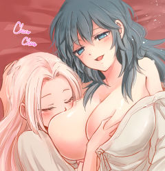 2girls bare_shoulders bed blue_eyes blue_hair blush grabbing_another&#039;s_breast breast_rest breasts breasts_on_head byleth_(female)_(fire_emblem) byleth_(fire_emblem) cleavage closed_eyes edelgard_von_hresvelg fire_emblem fire_emblem:_three_houses grabbing hair_over_shoulder hand_on_another&#039;s_head large_breasts long_hair lying multiple_girls nintendo off-shoulder_shirt off_shoulder open_mouth shirt tongue white_hair white_shirt yuri rating:Questionable score:63 user:PuttHutt