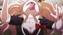  10s 1girl animated animated_gif blue_eyes breasts cleavage crazy danganronpa_(series) danganronpa:_trigger_happy_havoc enoshima_junko female_focus hair_ornament large_breasts lowres pointing solo tongue twintails  rating:Sensitive score:35 user:QAiizx