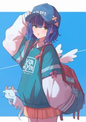  1girl :o absurdres amamiya_kokoro backpack bag baseball_cap blue_background blue_hat blue_shirt contrail cowboy_shot ene_mizunoawa green_eyes hand_on_own_head hat highres jacket layered_clothes legs_together letterboxed long_sleeves looking_at_viewer medium_hair mini_wings miniskirt multicolored_hair nijisanji open_mouth orange_shirt pink_hair pleated_skirt print_shirt shirt sidelocks simple_background skirt sleeves_past_fingers sleeves_past_wrists solo streaked_hair virtual_youtuber white_jacket white_wings wings 