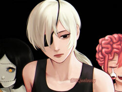  3girls black_background black_eyes black_hair black_sclera black_tank_top brown_lips chainsaw_man collarbone colored_sclera colored_skin cosmo_(chainsaw_man) czy_(2894456992) dangling_eye exposed_brain eyepatch frown grey_skin low_ponytail multiple_girls open_mouth orange_eyes ponytail quanxi_(chainsaw_man) red_hair smile stitched_mouth stitches tank_top tsugihagi_(chainsaw_man) twitter_username white_hair 
