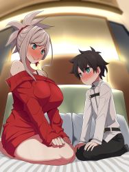1boy 1girl absurdres age_difference aged_down asymmetrical_hair barefoot bed belt black_hair black_pants blurry blurry_background blush bra_strap breasts chaldea_uniform child closed_mouth dress eye_contact fate/grand_order fate_(series) fisheye from_side fujimaru_ritsuka_(male) full-face_blush green_eyes grey_hair hands_on_own_knees highres indoors jacket kloah large_breasts long_sleeves looking_at_another miyamoto_musashi_(fate) nervous off_shoulder on_bed onee-shota pants pillow pink_hair ponytail red_sweater seiza sitting sleeves_past_wrists sweatdrop sweater sweater_dress white_jacket rating:Sensitive score:233 user:danbooru