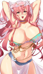  1girl absurdres armpits arms_up belly_dancer blush breasts green_eyes highres jewelry large_breasts looking_at_viewer maria_cadenzavna_eve necklace negresco senki_zesshou_symphogear solo sweat  rating:Questionable score:45 user:SymphoGayEnjoyer