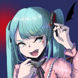  1girl 53789 absurdres fangs hair_ornament hatsune_miku heart high-res highres long_hair looking_at_viewer mask mask_pull mouth_mask open_mouth shirt simple_background solo twintails vampire_(vocaloid) vocaloid 