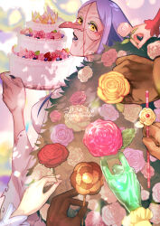  :o absurdres affectionate birthday biscuit_(bread) brother_and_sister cake cake_stand candy character_request charlotte_brulee charlotte_cracker charlotte_flampe charlotte_oven charlotte_perospero cheekbones crown dark-skinned_female dark_skin dated eyelashes facial_scar flower food giving_flower hand_size_difference happy_birthday highres holding holding_cake holding_candy holding_food large_hands layer_cake long_hair long_nose looking_back one_piece pink_flower rsk_rasukuman scar scar_on_cheek scar_on_face scar_on_forehead siblings solo_focus tareme wrinkled_skin yellow_eyes 