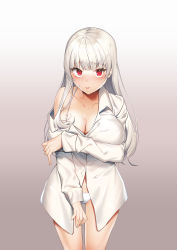1girl absurdres bare_shoulders blush bra_strap breast_hold breasts cleavage collarbone collared_shirt covering_privates cowboy_shot dress_shirt dripping embarrassed fingernails gluteal_fold gradient_background highres huge_breasts k2h long_hair long_sleeves no_pants off_shoulder original panties pinky_out red_eyes shirt sweat underwear white_hair white_panties white_shirt rating:Sensitive score:18 user:danbooru