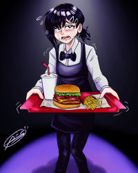  1girl apron asymmetrical_hair black_eyes black_footwear black_hair black_legwear black_pants black_ribbon black_skirt blush burger business_suit chainsaw_man collared_shirt crying crying_with_eyes_open cup drinking_straw food formal french_fries fries hair_behind_ear hair_between_eyes hair_ornament hairclip higashiyama_kobeni highres long_sleeves meguman mole mole_under_eye mole_under_mouth neckwear_request open_mouth pants ponytail ribbon sad shirt short_hair skirt sleeves_past_wrists sobbing soda solo suit sweat sweatdrop tears teeth tile tongue white_shirt  rating:Sensitive score:14 user:Meguman_