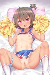 1girl bed bed_sheet blue_panties blush breasts brown_hair cheerleader cleft_of_venus clitoris decensored female_focus hair_bobbles hair_ornament highres kanabun loli looking_at_viewer lying nipples on_back one-piece_tan open_mouth original panties panties_around_leg pillow pom_pom_(cheerleading) pussy red_eyes short_hair skirt small_breasts solo spread_legs tan tanline teeth thighs third-party_edit tongue uncensored underwear upper_teeth_only rating:Explicit score:629 user:bbyyccxx