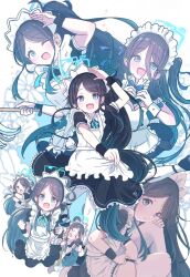  1girl :d :o ;d alternate_hairstyle apron aris_(blue_archive) aris_(maid)_(blue_archive) back_bow black_dress black_hair black_wristband blue_archive blue_eyes blue_hair blue_halo blue_ribbon blush bow closed_eyes collared_dress dress frilled_apron frilled_dress frills garter_straps giorgio_(yo_sumire_sola1) gradient_hair hair_between_eyes halo heart heart_hands highres holding holding_mop knee_up long_hair looking_at_viewer maid maid_apron maid_day maid_headdress mop multicolored_hair multiple_views neck_ribbon official_alternate_costume one_eye_closed one_side_up open_mouth ponytail rectangular_halo ribbon salute short_sleeves sidelocks simple_background sitting smile sparkle thighhighs v-shaped_eyebrows very_long_hair white_apron white_background white_bow white_thighhighs wing_collar 