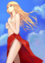  1girl bad_id bad_pixiv_id blonde_hair breasts cloud covering_privates covering_breasts day female_focus from_below green_eyes hands_on_breasts hidezi legs long_hair medium_breasts no_panties original sarong sky solo standing thighs topless  rating:Questionable score:36 user:danbooru