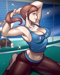 1girl absurdres ass black_pants window_blinds blue_tank_top breasts cleavage colored_skin exercising grey_eyes hand_in_own_hair highres kneeling large_breasts lips looking_to_the_side mirror navel nintendo pants ponytail ravenousruss reflection tank_top thighs white_skin wii_fit wii_fit_trainer wii_fit_trainer_(female) yoga_mat yoga_pants rating:Sensitive score:77 user:danbooru