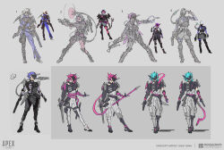  1girl alter_(apex_legends) apex_legends black_gloves blue_bodysuit bodysuit bow_(weapon) commentary concept_art copyright_name crossbow dual_wielding english_commentary finger_gun finger_gun_to_head gloves grey_bodysuit grey_hair grey_pants gun head_tilt highres holding holding_crossbow holding_gun holding_polearm holding_weapon logo mechanical_tentacles multiple_views official_art pants pink_hair polearm production_art prototype_design purple_hair respawn_entertainment sketch spear walking weapon yang_niangniang 