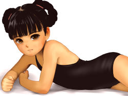  1girl black_hair blush breasts female_focus flat_chest loli looking_at_viewer original popopon simple_background small_breasts solo swimsuit tagme  rating:Questionable score:36 user:Anthologia_Valduriana