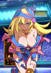  1girl angry areola_slip bare_shoulders blonde_hair breasts crowd dark_magician_girl green_eyes helmet jcm2 jewelry large_breasts leaning_forward looking_at_viewer magical_girl necklace no_bra open_mouth shiny_skin solo stadium wand wide_hips yu-gi-oh!  rating:Questionable score:361 user:danbooru