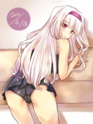 1girl ass bent_over casual_one-piece_swimsuit hairband idolmaster idolmaster_(classic) jiino long_hair looking_back one-piece_swimsuit pink_eyes shijou_takane silver_hair solo swimsuit rating:Questionable score:29 user:danbooru