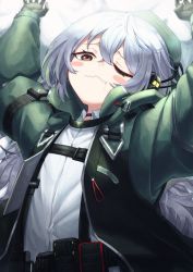 1girl arms_up black_gloves blush_stickers brown_eyes commentary english_commentary g11_(girls&#039;_frontline) g11_(mod3)_(girls&#039;_frontline) girls&#039;_frontline gloves green_hat green_jacket grey_hair hair_between_eyes hat highres jacket long_hair long_sleeves lying mod3_(girls&#039;_frontline) on_back one_eye_closed open_clothes open_jacket pellas_(panix2383) shirt sleepy solo upper_body white_shirt rating:Sensitive score:15 user:danbooru