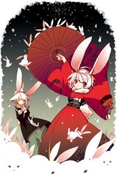 1boy 1girl :&lt; animal animal_ears arm_up bag border bow closed_mouth falling from_below fur_trim hair_flaps haori holding holding_animal holding_bag holding_umbrella japanese_clothes kimono long_sleeves looking_at_viewer obi oil-paper_umbrella one_eye_closed original outdoors outstretched_arms pouch rabbit rabbit_ears rabbit_tail red_eyes sash saya_(sayaya) scarf short_hair sky snowing spread_arms tail too_many too_many_rabbits umbrella white_bow white_hair wide_sleeves rating:Sensitive score:2 user:danbooru