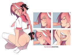  2boys ass astolfo_(fate) astolfo_(sailor_paladin)_(fate) blush bow braid braided_ponytail closed_eyes cum cum_in_mouth cum_on_tongue fate_(series) fellatio hair_bow hand_on_another&#039;s_head highres long_hair looking_at_penis looking_back male_focus matemi multicolored_hair multiple_boys multiple_views open_mouth oral penis pink_hair sailor_collar saliva shirt smile streaked_hair thighhighs tongue tongue_out trap uncensored white_hair white_shirt white_thighhighs yaoi  rating:Explicit score:879 user:danbooru