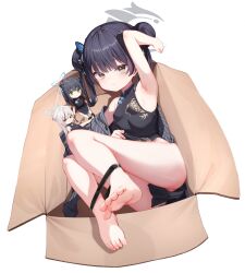 1girl animal_ears arm_up armpits bare_legs bare_shoulders barefoot black_coat black_dress black_hair blue_archive blush bound bound_legs box breasts butterfly_hair_ornament character_doll china_dress chinese_clothes closed_mouth coat double_bun dress feet female_focus full_body hair_bun hair_ornament halo highres in_box in_container kisaki_(blue_archive) knees_together_feet_apart kokona_(blue_archive) legs loli long_hair mannack no_panties off_shoulder open_clothes open_coat pelvic_curtain shun_(blue_archive) shun_(small)_(blue_archive) simple_background single_bare_arm sleeveless sleeveless_dress small_breasts soles solo striped striped_coat thighs toes v-shaped_eyebrows white_background rating:Sensitive score:136 user:danbooru
