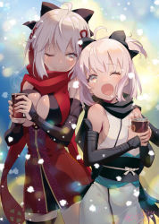 2girls ;) ;d ahoge backlighting bare_shoulders black_bow black_legwear black_scarf blonde_hair blush bow breasts brown_eyes can canned_coffee cleavage cleavage_cutout closed_mouth clothing_cutout commentary_request cowboy_shot dark-skinned_female dark_skin detached_sleeves dress drink_can fate/grand_order fate_(series) grey_hair hair_bow height_difference highres holding japanese_clothes kimono large_breasts long_sleeves multiple_girls nichiru obi okita_souji_(fate) okita_souji_(koha-ace) okita_souji_alter_(fate) okita_souji_alter_(first_ascension)_(fate) one_eye_closed open_mouth red_dress red_scarf sash scarf short_hair short_ponytail sideboob single_thighhigh smile snowing steam thighhighs twitter_username white_kimono winter