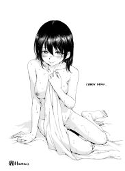 1girl absurdres arm_support barefoot blush breasts completely_nude full_body greyscale hamao highres holding holding_towel looking_at_viewer medium_breasts medium_hair monochrome nude original pussy_juice sitting smile solo sweat toes towel yokozuwari rating:Explicit score:25 user:danbooru