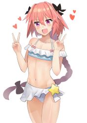  1boy absurdres astolfo_(fate) astolfo_(sparkling_frills)_(fate) bikini black_bow blue_bikini blush bow bow_bikini braid bulge collarbone cowboy_shot double_v eyelashes fang fate/apocrypha fate_(series) frilled_bikini frills hair_between_eyes hair_bow hair_intakes hands_up heart highres long_braid long_hair looking_at_viewer male_focus navel official_alternate_costume open_mouth pink_hair purple_eyes recovery simple_background single_braid skin_fang smile solo star_(symbol) swimsuit thigh_gap trap v very_long_hair white_background 