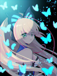  1girl aihira_(aihira12) antenna_hair azure_striker_gunvolt bare_shoulders black_sleeves blonde_hair blue_butterfly breasts bug butterfly butterfly_hair_ornament detached_sleeves dress from_behind from_side glowing_butterfly hair_ornament high_ponytail highres insect large_breasts long_hair looking_at_viewer lumen_(gunvolt) multicolored_hair pink_hair solo strapless strapless_dress two-tone_hair upper_body very_long_hair white_dress 